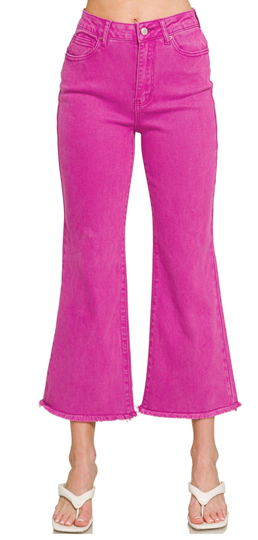 ACID WASHED HIGH WAIST FRAYED HEM KICK CROPPED DENIM JEANS | Marlin Blue or Hot Pink