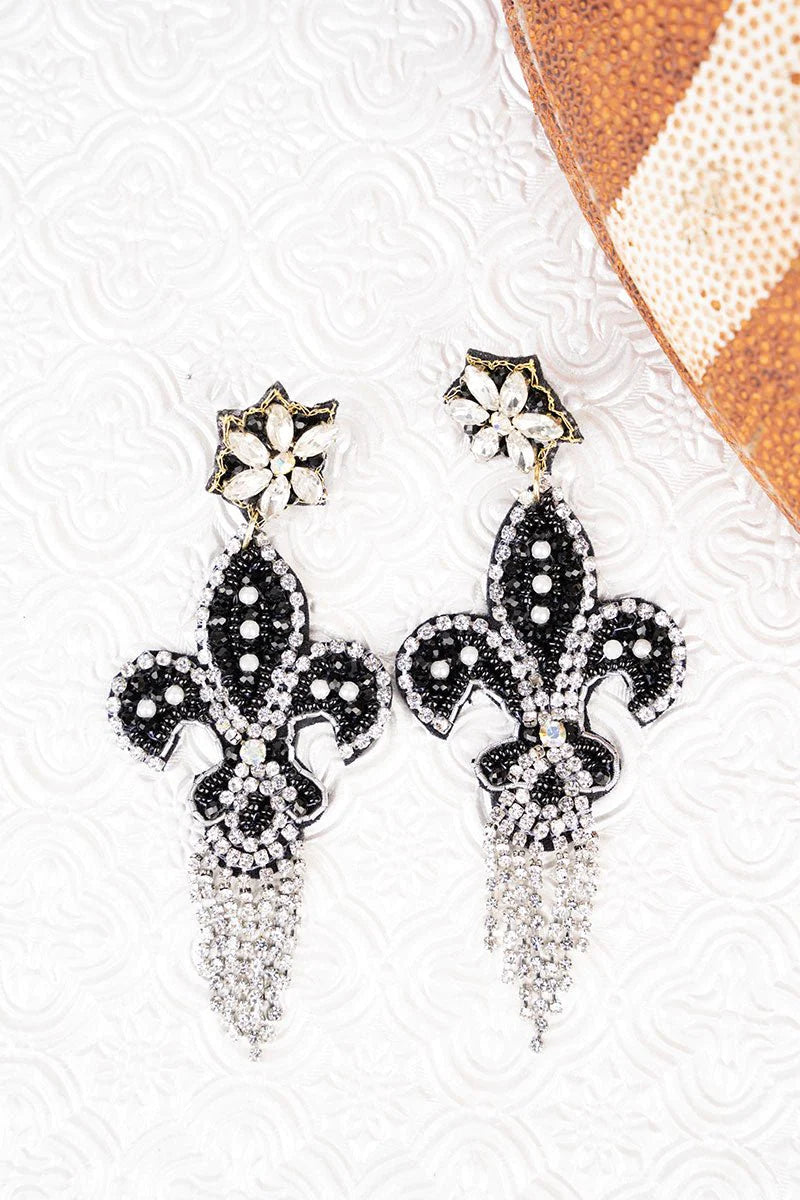 Fleur De Lis Black & Clear Rhinestone with Tassels Earrings