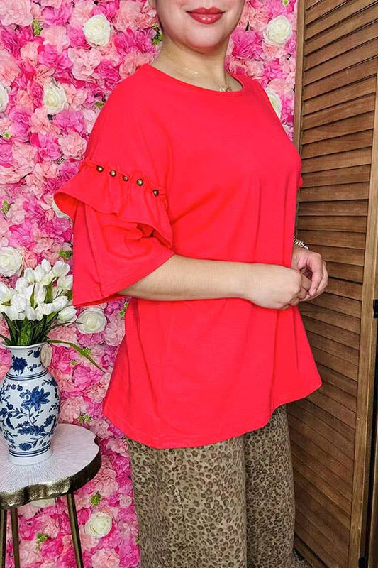 SOUTHERN STITCH CORAL RED DOUBLE RUFFLE & BRONZE STUDDED ELBOW LENGTH SLEEVE TOP | LARGE & XL ONLY | Charlotte's Classy Closet