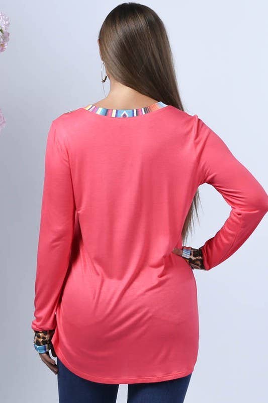 Long Sleeve Serape & Animal Print Trim Long Sleeve Coral V-Neck Top