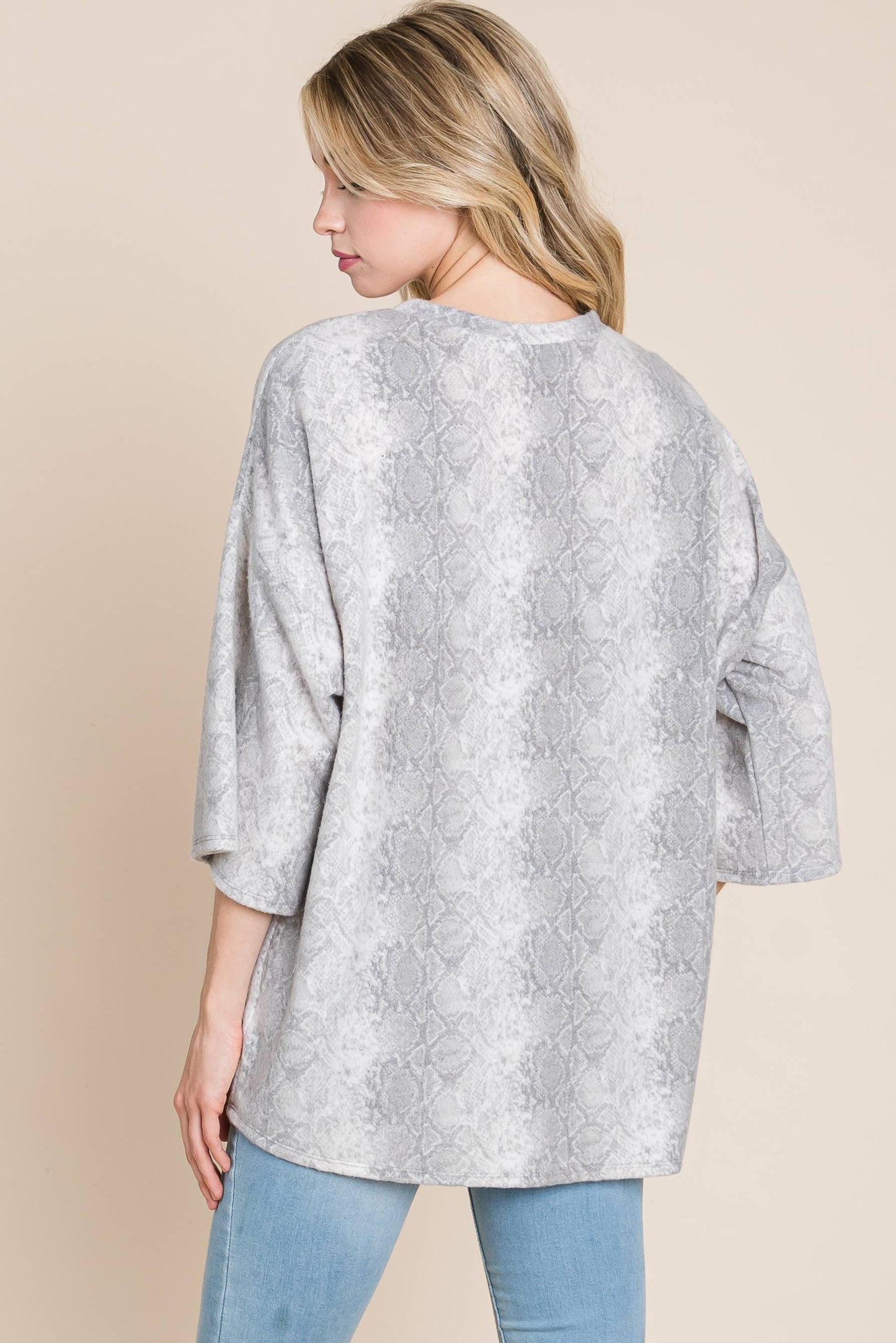 BRUSHED KNIT GRAY SNAKESKIN 3/4 BELL SLEEVE WOMEN'S TUNIC | SIZE MEDIUM ONLY | Charlotte's Classy Closet