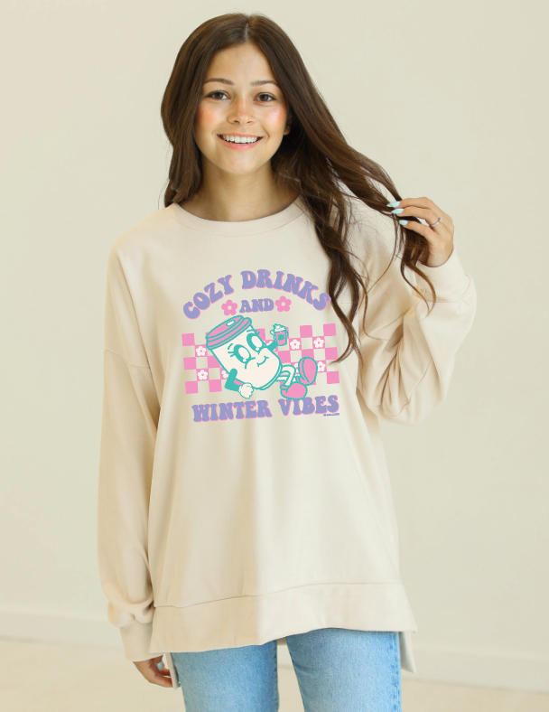 "Cozy Drinks and Winter Vibes" Graphic Micro Fleece Crewneck, Ivory | Charlotte's Classy Closet