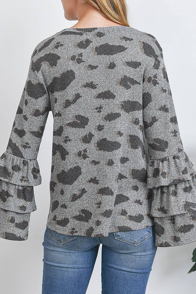 ANIMAL PRINT LIKE TOP WITH LAYERED RUFFLE LONG SLEEVES