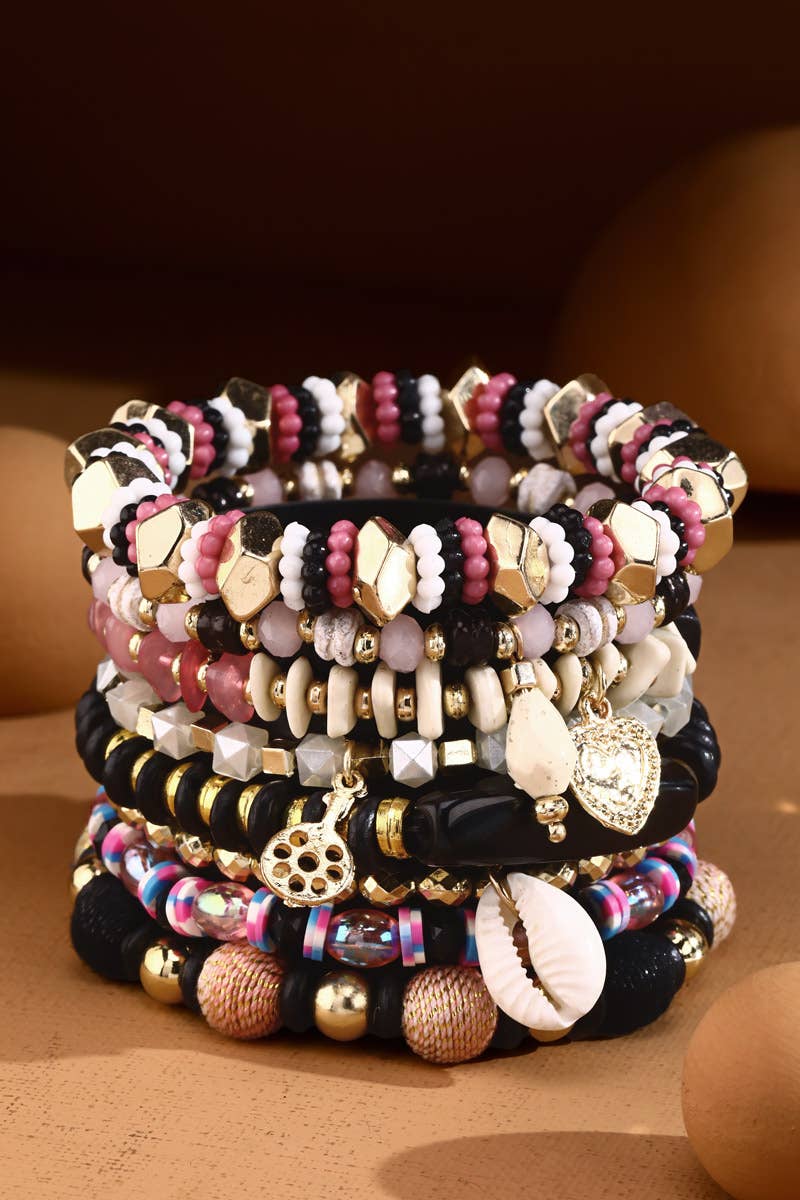 Multi Color 8-Strand Stretch Bracelet with Cowrie Shell Charms - Pink, Black, Gold tone | Charlotte's Classy Closet