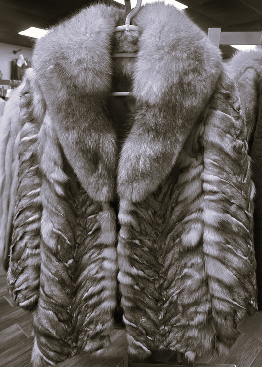 Genuine Fur Blue Fox Coat with Stunning Multi-Color Chevron Type Pattern | Size Small | Charlotte's Classy Closet