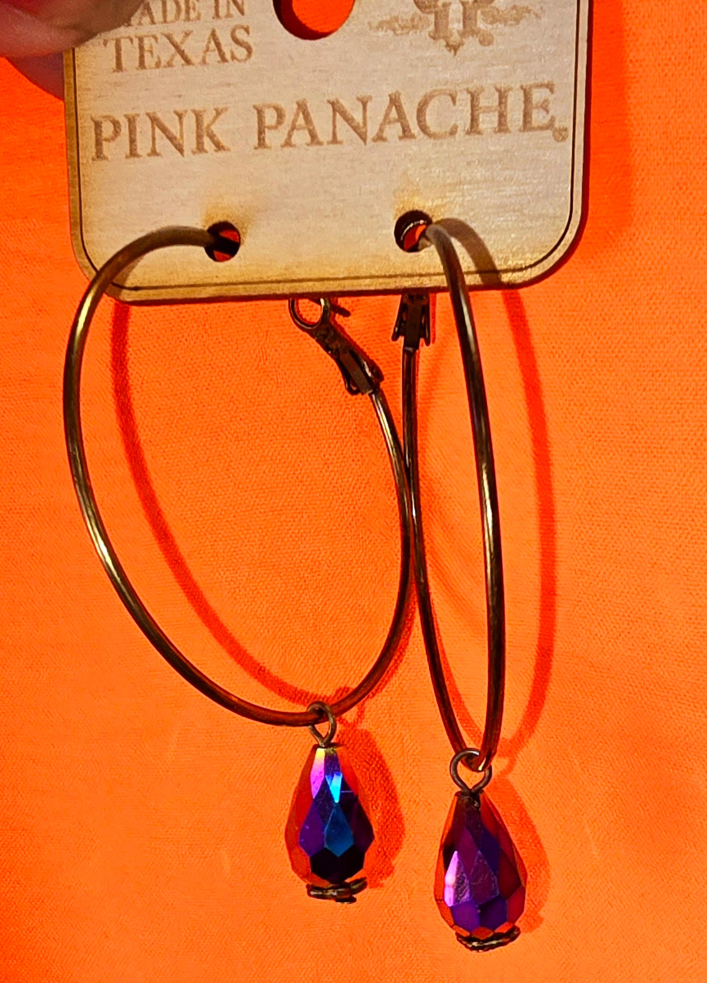 Jewelry Earrings - Pink Panache Bronze Hoop Earrings With Multi Color Purple/Gold/Fuchsia/Blue Crystal Drop Charm