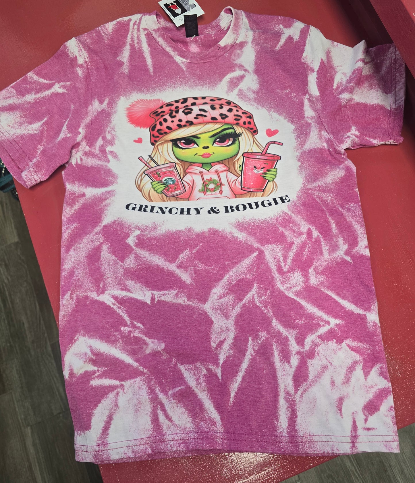 Pink Girl Grinch "Grinchy & Bougie" Christmas Bleached T-Shirt | Charlotte's Classy Closet