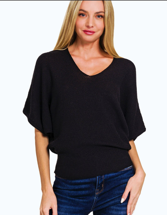 LIGHTWEIGHT V-NECK ELBOW LENGTH DOLMAN SLEEVE SWEATER | S-L | RED OR BLACK | Charlotte's Classy Closet