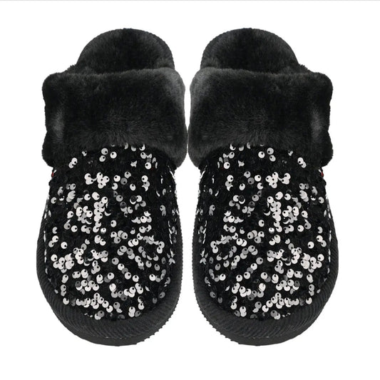 Sequin Faux Fur C.C. Beanie Slippers Black or Fuchsia | Charlotte's Classy Closet