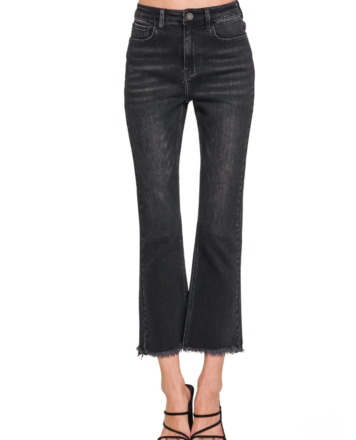 ZENANA HIGH RISE SUPER CUTE STRAIGHT RAW HEM CROPPED DENIM JEANS | Black | Charlotte's Classy Closet