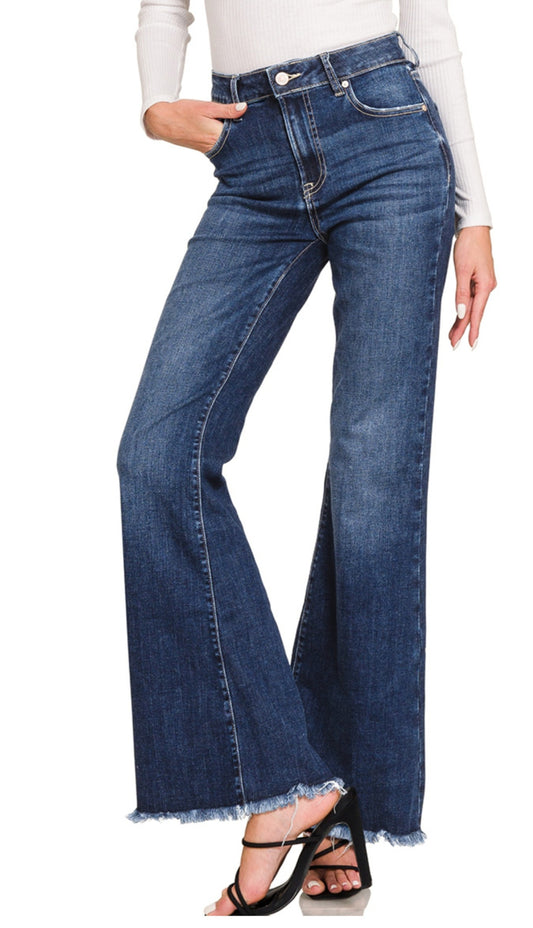 High Waisted Zenana High Rise Bell Bottom Dark Jeans Frayed Hem | Charlotte's Classy Closet