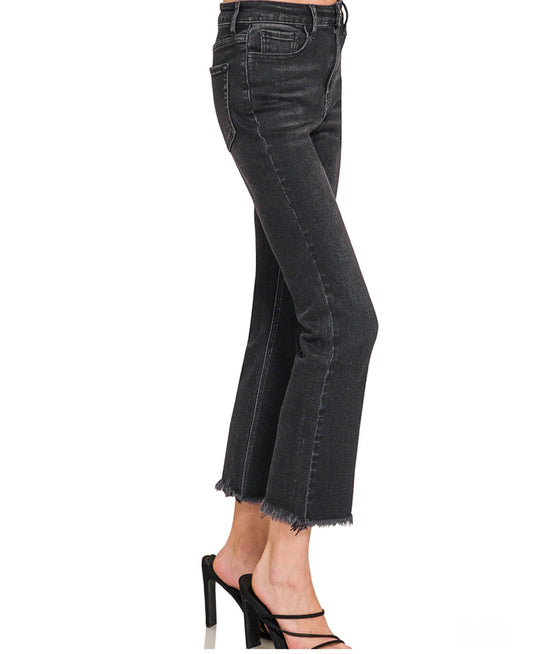 HIGH RISE STRAIGHT RAW HEM CROPPED DENIM JEANS | Black | Charlotte's Classy Closet