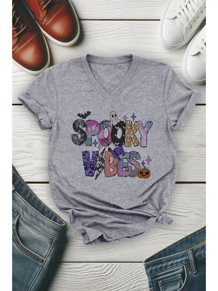 SALE - Vibrant Colored “SPOOKY” VIBES V-Neck T-Shirt Heather Grey