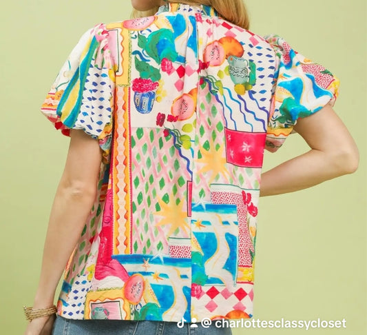 UMGEE MULTI COLOR V-NECK PUFF SLEEVE BOHO TOP