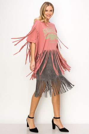 Vocal Apparel Fringe Arm & Hem Crew Neck Short Sleeve Cropped Knit "Nashville" Top