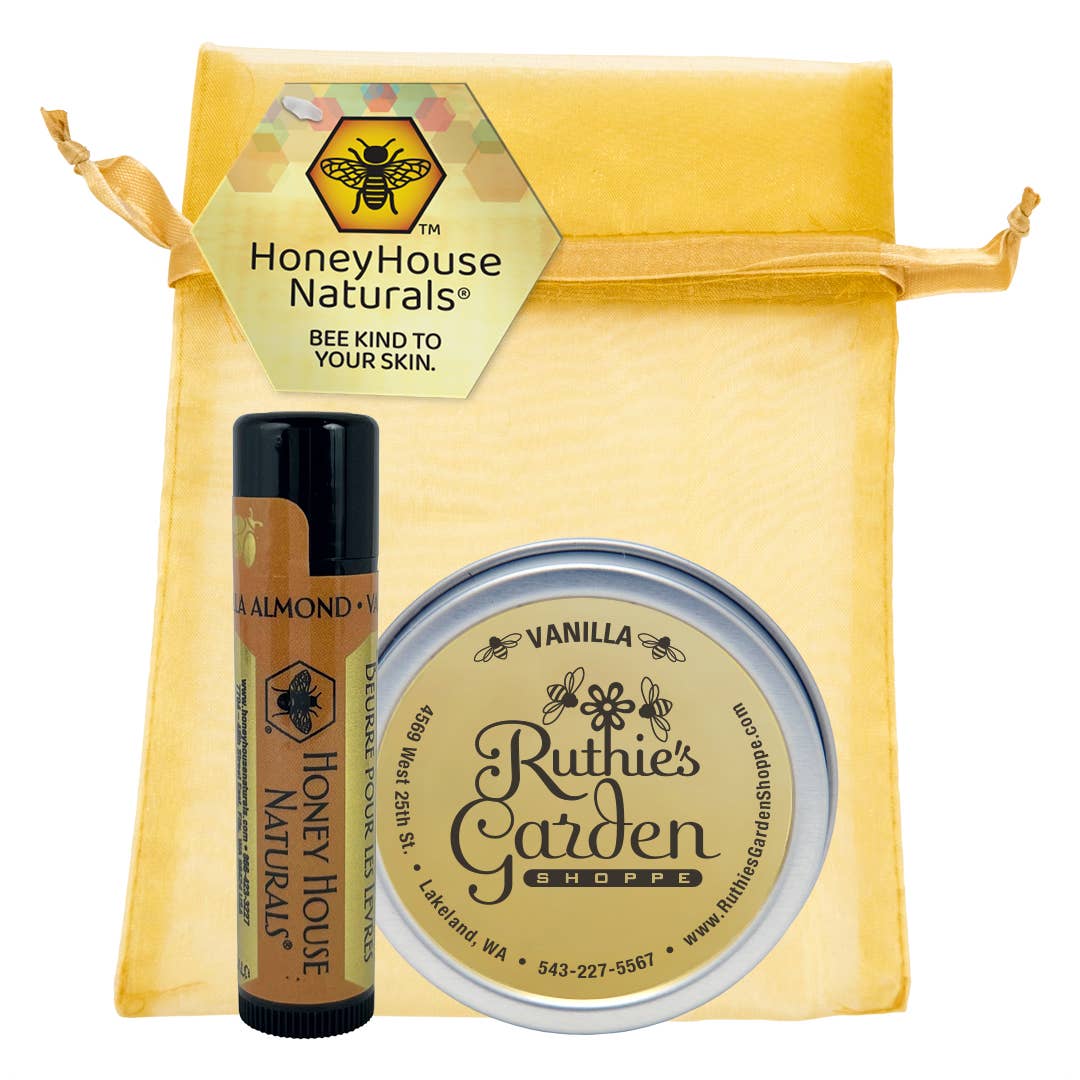 Honey House Naturals 2-Piece Gift Set - Honey Scented Lotion and Raspberry Pomegranate Lip Butter wrapped in a  Gorgeous Gold Organza Bag