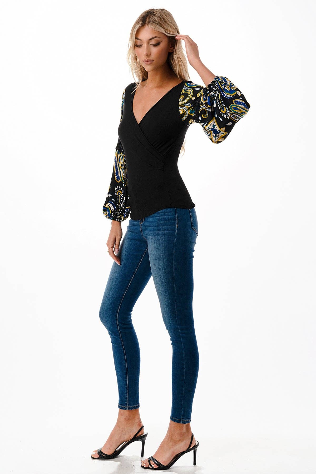 BLACK WRAP PREMIUM QUALITY V-NECK DRAMATIC MULTICOLOR DETAILED SLEEVES WOMEN'S TOP | Charlotte's Classy Closet
