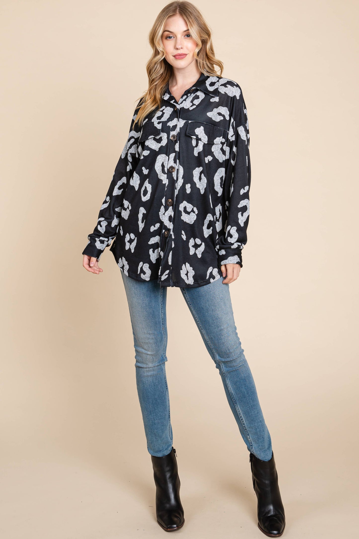 Long Sleeve Black & Gray Button-Down Knit Shacket with Front Pocket | Charlotte's Classy Closet