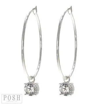 Jewelry Earrings - Silver Tone Hoop Earring with Clear Crystal Round Charm