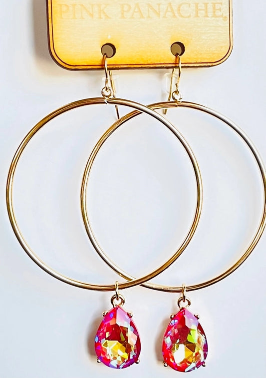Jewelry Earrings - Pink Panache Gorgeous Multi Color Pink Austrian AB Crystal Teardrop Charm On A Gold Circle Earrings