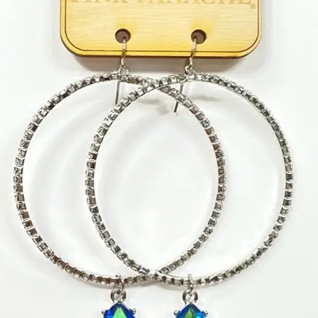 A Clearance Sales Item - Earrings with a Gorgeous Blue Multi Color Austrian AB Crystal Teardrop Charm On Silver tone Rhinestone Rimmed Circle