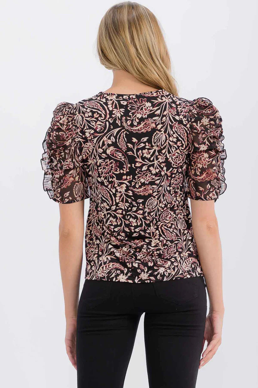V-NECK FLORAL MIX PLEATED DETAIL PUFF ELBOW LENGTH SLEEVE BLOUSE