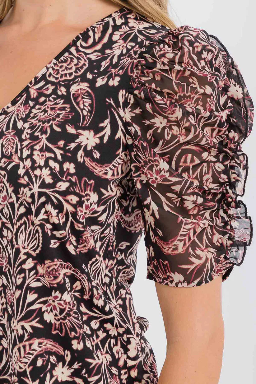 V-NECK FLORAL MIX PLEATED DETAIL PUFF ELBOW LENGTH SLEEVE BLOUSE