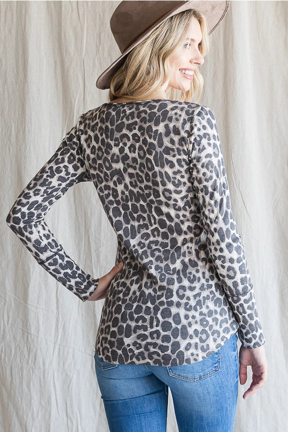 Animal Print Faux Henley Scoop Neck Knit Top - photo 2