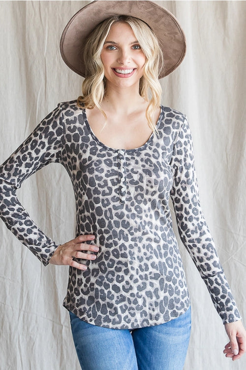 Animal Print Faux Henley Scoop Neck Knit Top - photo 1