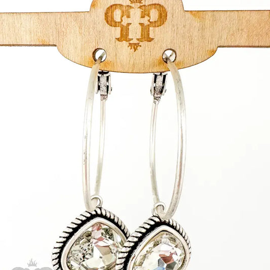 Jewelry Earrings - Pink Panache Silver Hoop Earring With A Beautiful Rope Edge Setting With A Clear Crystal Charm