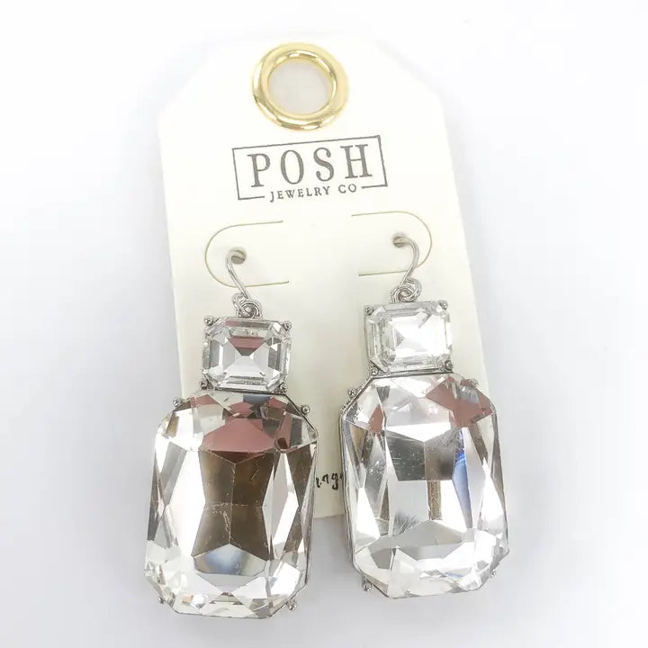 Jewelry Earrings - Sparkling Rectangle Large Clear Crystal Earrings On Silver Wire