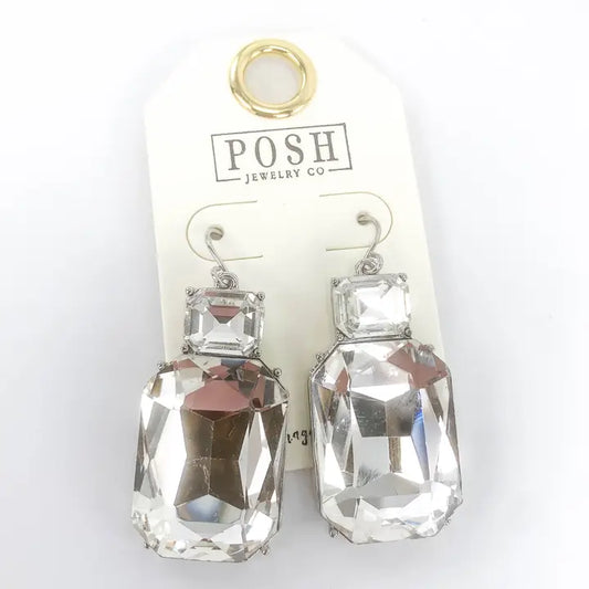 Jewelry Earrings - Sparkling Rectangle Large Clear Crystal Earrings On Silver Wire