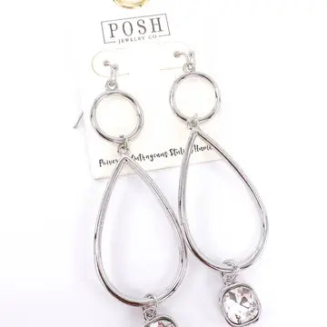 Jewelry Earrings - Beautiful Design in Silver Tone with a Clear Rhinestone Drop Charm