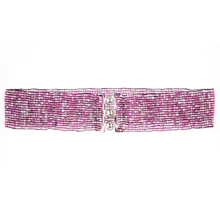 A Clearance Sales Item - Belt Hand Loomed Multi Color Pink Beaded Silver Tone Buckle Stretch