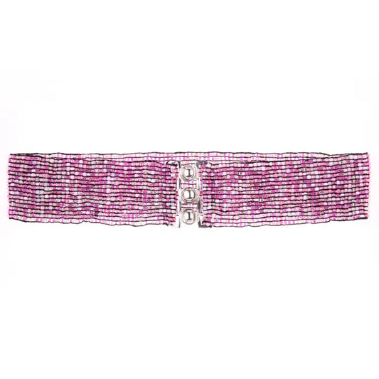 A Clearance Sales Item - Belt Hand Loomed Multi Color Pink Beaded Silver Tone Buckle Stretch
