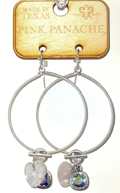 PINK PANACHE SILVERTONE CIRCLE with AUSTRIAN AB CRYSTAL & WHITE MOTHER OF PEARL DANGLE CHARMS EARRINGS