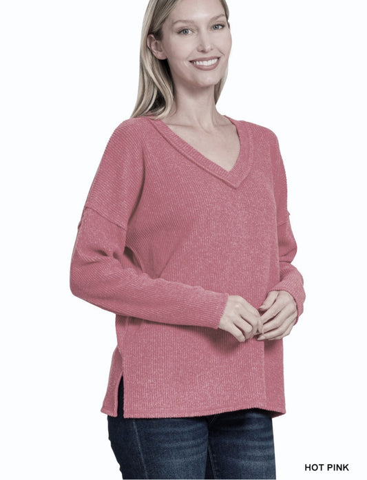 V-NECK DROP SHOULDER BRUSHED SOFT RIBBED LIGHTWEIGHT SWEATER | S-XL | BLACK OR HOT PINK | Charlotte's Classy Closet