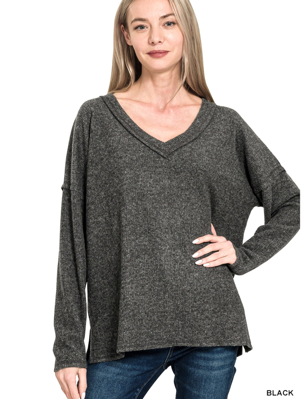 V-NECK DROP SHOULDER BRUSHED SOFT RIBBED LIGHTWEIGHT SWEATER | S-XL | BLACK OR HOT PINK - photo 2