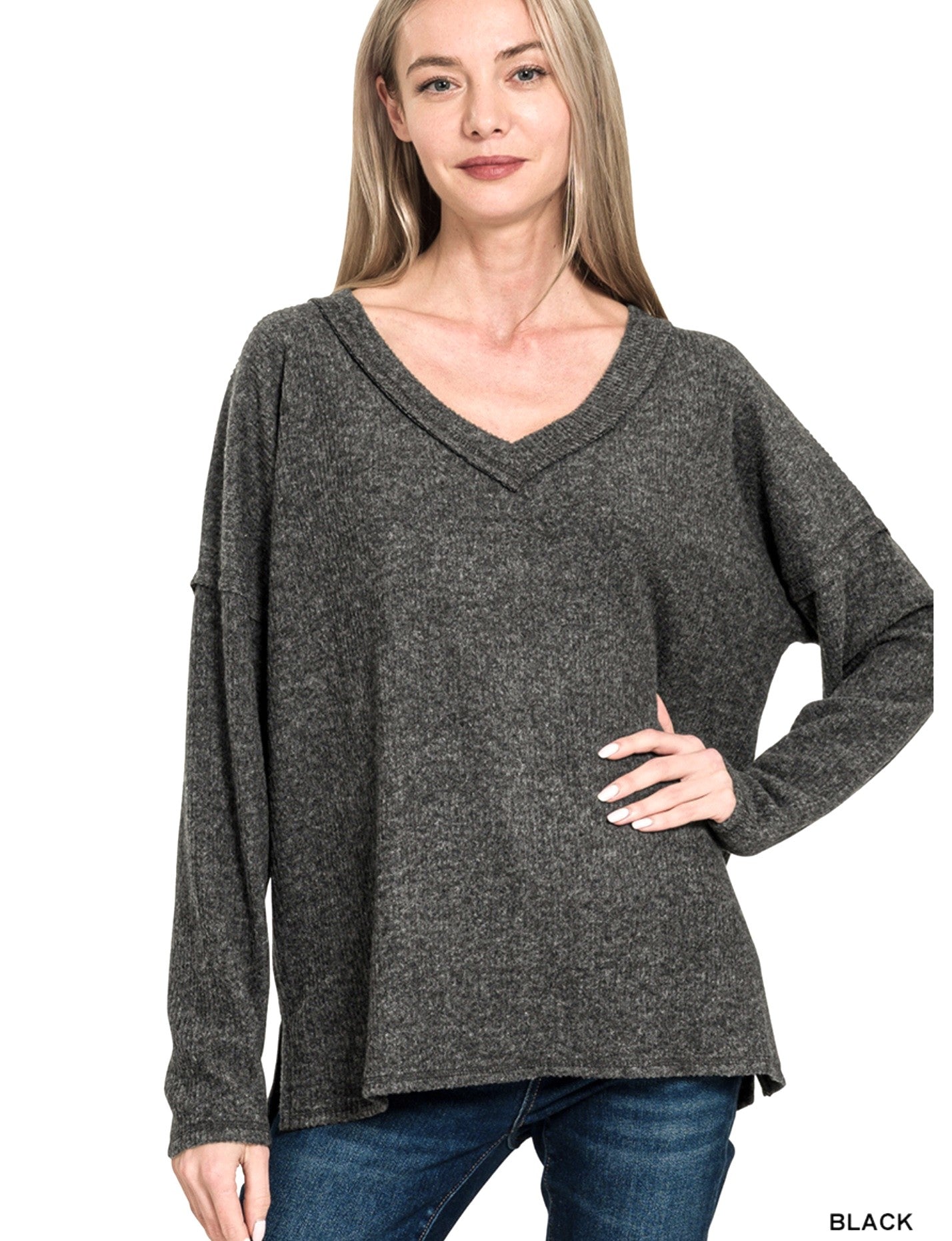 V-NECK DROP SHOULDER BRUSHED SOFT RIBBED LIGHTWEIGHT SWEATER | S-XL | BLACK OR HOT PINK | Charlotte's Classy Closet