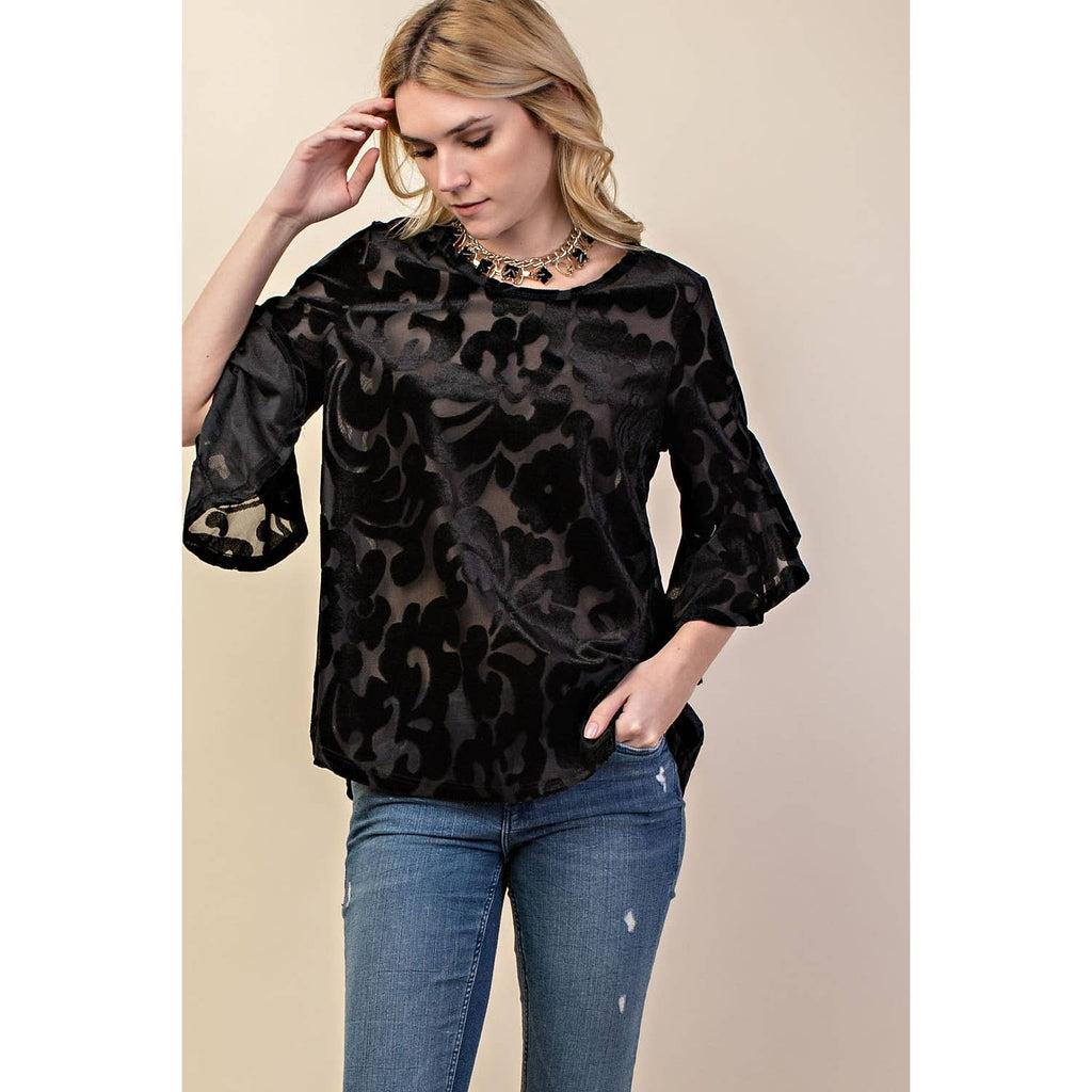STUNNING PRINT 3/4 WATERFALL RUFFLE SLEEVE DRESSY TOP | Black or Mauve Color |  Charlotte’s Classy Closet
