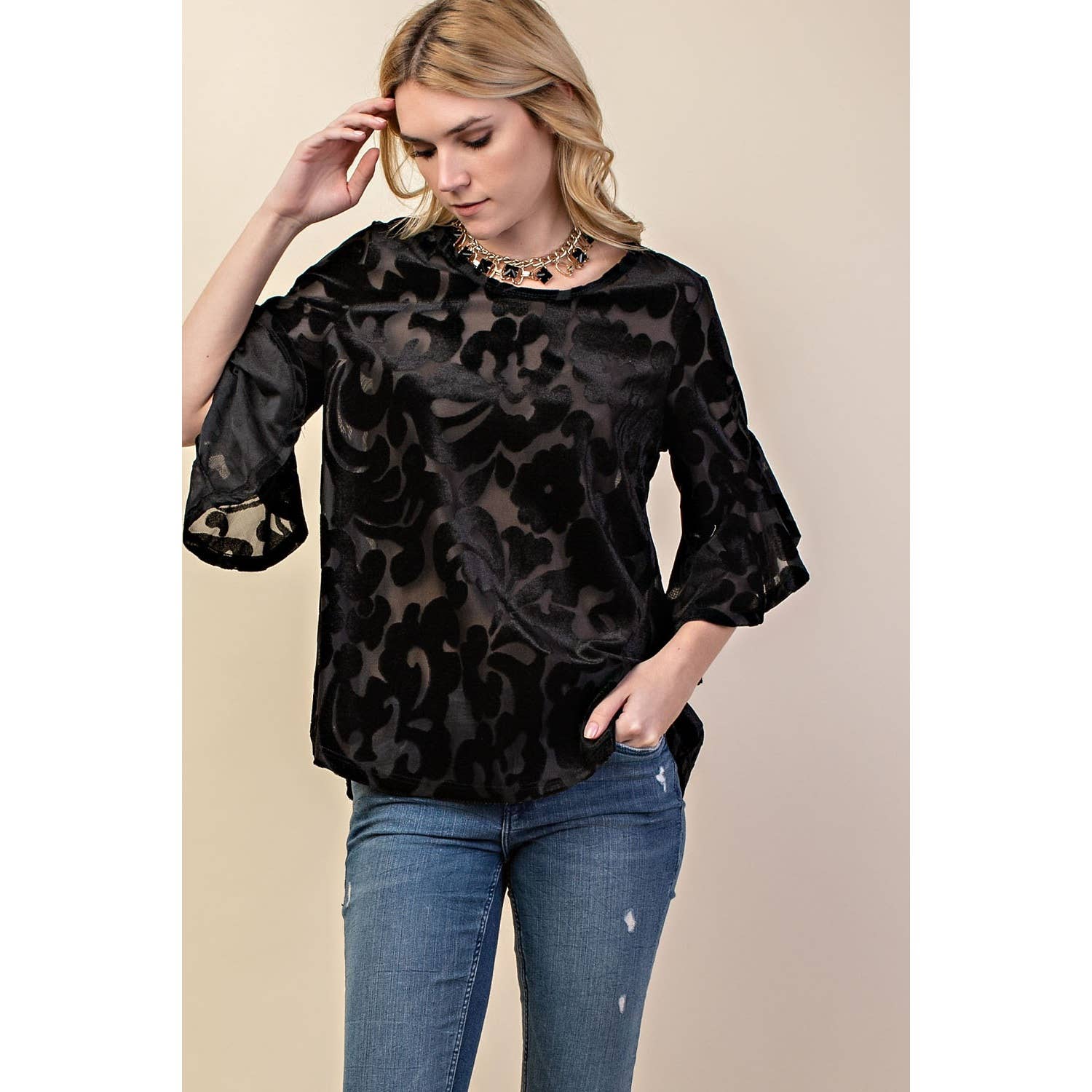 STUNNING PRINT 3/4 WATERFALL RUFFLE SLEEVE DRESSY TOP | Black or Mauve Color |  Charlotte’s Classy Closet