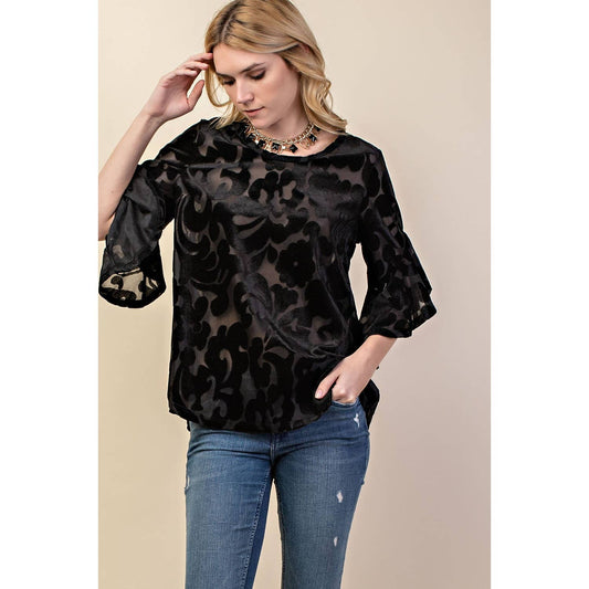Vocal Velvety Ruffle Waterfall Sleeve Dressy Top - Stunning Print - Black - Sizes S-XL