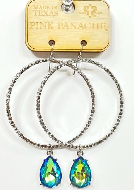 A Clearance Sales Item - Earrings with a Gorgeous Blue Multi Color Austrian AB Crystal Teardrop Charm On Silver tone Rhinestone Rimmed Circle