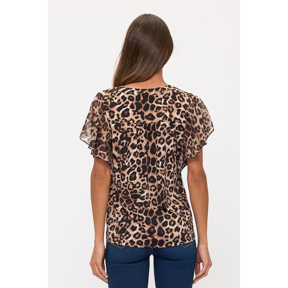 ANIMAL PRINT MIX MEDIA FLUTTER HALF PLACKET BLOUSE | Charlotte's Classy Closet