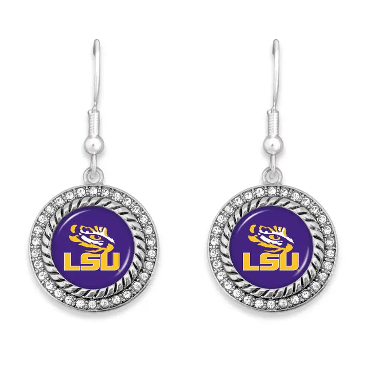 LSU Earrings Tiger Logo Rhinestone Framed Round Shaped Earrings