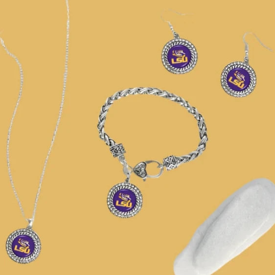 LSU Earrings Tiger Logo Rhinestone Framed Round Shaped Earrings