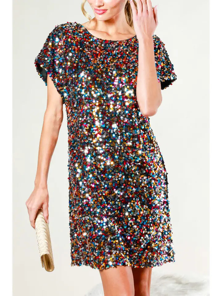 MULTICOLOR BRIGHT SEQUIN BOAT NECK DRESS | SMALL & MED ONLY | Charlotte's Classy Closet