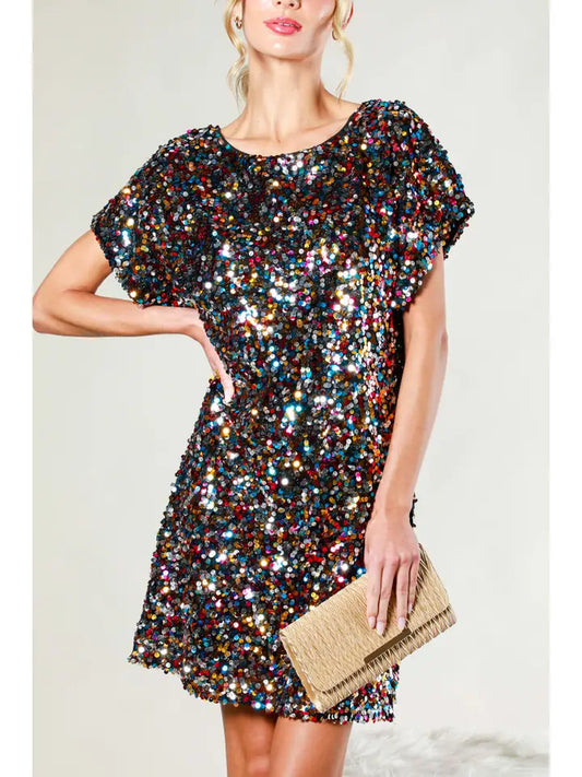 Dress NEW ARRIVAL - Multi Color Sequin Boat Neck Mini Dress - Sizes Small to Large