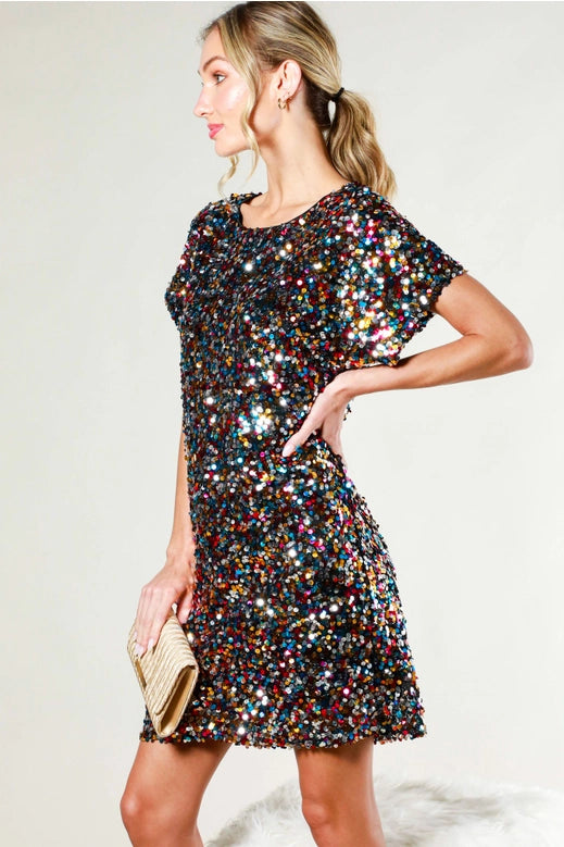 MULTICOLOR BRIGHT SEQUIN BOAT NECK DRESS | SMALL & MED ONLY | Charlotte's Classy Closet