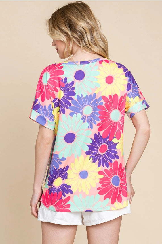 Top NEW ARRIVAL - Brightly Colored Floral Everyday Relaxed Top